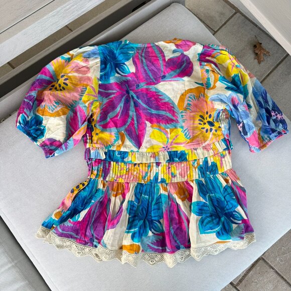 Farm Rio Anthropologie Puff Sleeve Tie Front Blouse Top Medium - Picture 7 of 11